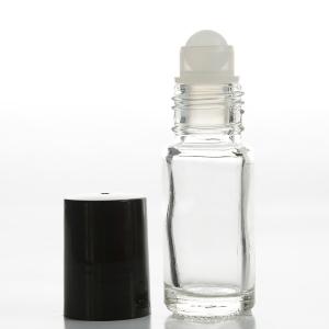 5ml (1/6 oz) Clear Cylinder Glass Bottle with Plastic Roller and White/Black Cap