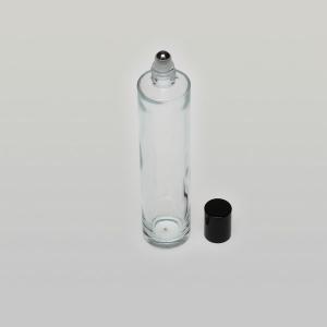 3.4 oz (100ml) Slim-Tall Cylinder Clear Glass Bottle (Heavy Base Bottom) with Stainless Steel Rollers and Color Caps